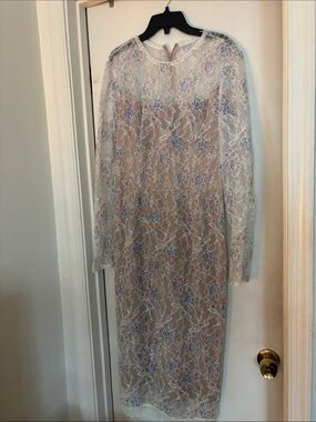 Dress the Population Blue Floral Lace Long Sleeve Midi Dress